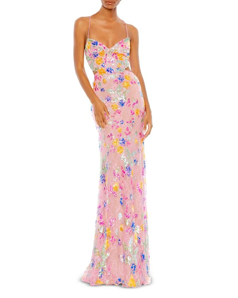 Embellished Lace Strappy Column Gown