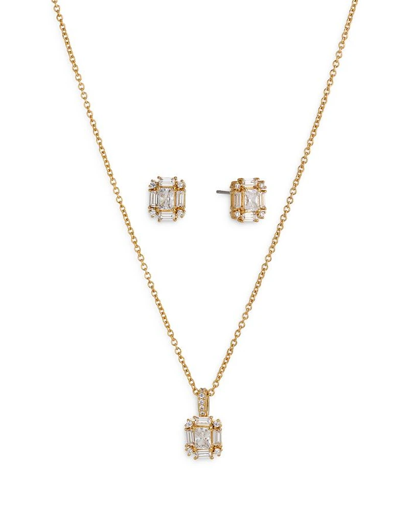 Bridesmaids Emerald Shape Cubic Zirconia Halo Stud Earrings & Pendant Necklace Set