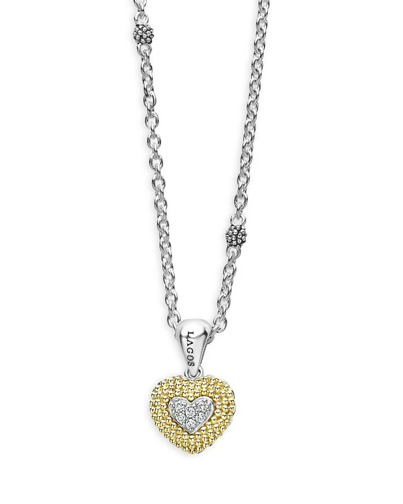 18K Yellow Gold & Sterling Silver Caviar Lux Diamond Heart Pendant Necklace, 16"