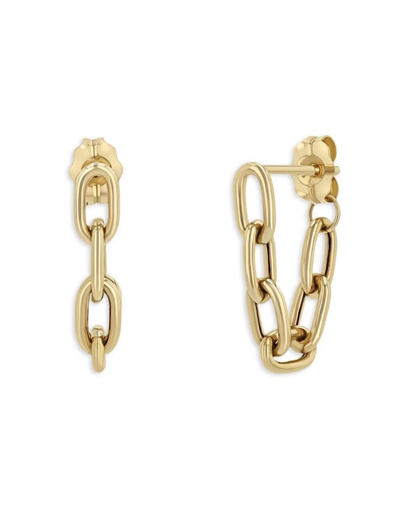14K Yellow Gold Heavy Metal Oval Link Chain Drop Front to Back Earrings