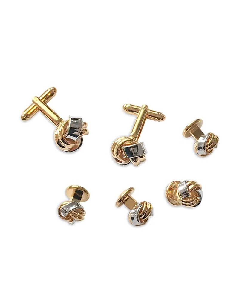 Classic Knot Silver & Gold Tone Rhodium Plated Stud & Cufflink Set