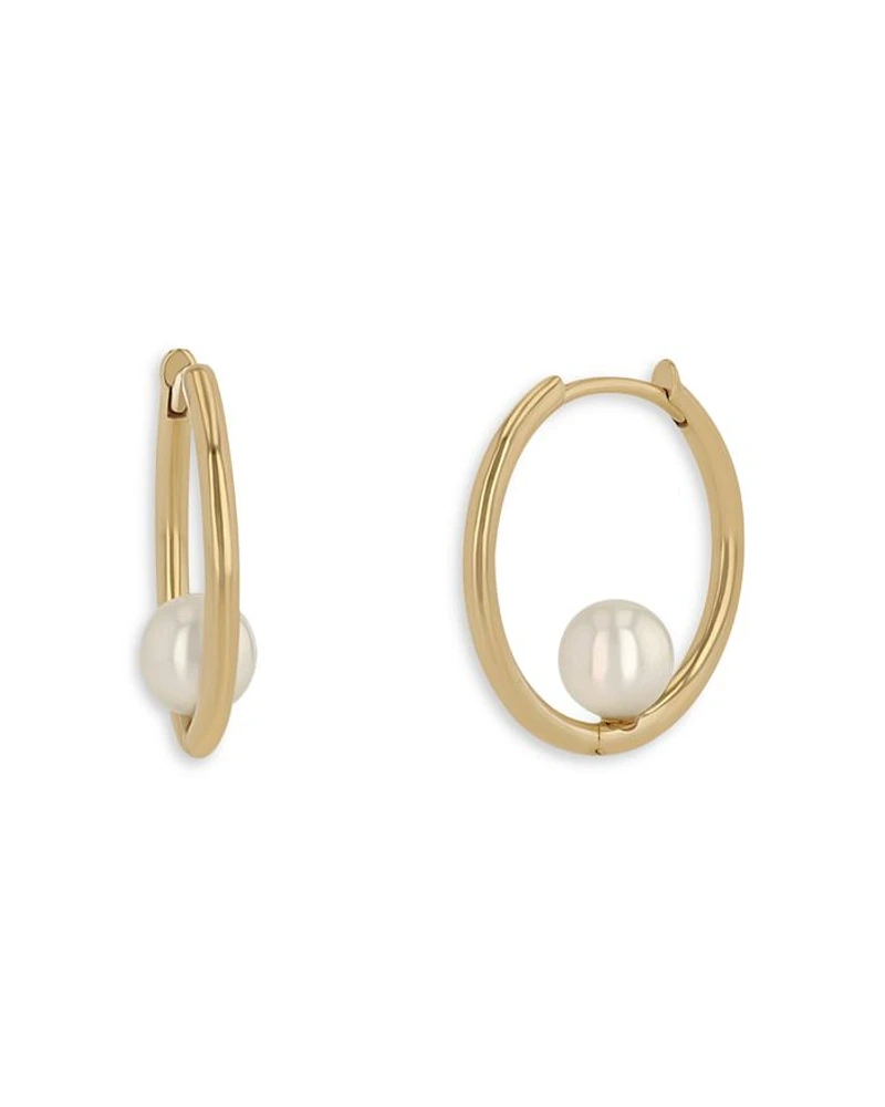 14K Yellow Gold White Pearls Cultured Freshwater Pearl Huggie Hoop Earrings