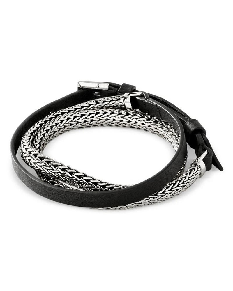 Sterling Silver Classic Chain Leather Strap Wrap Bracelet