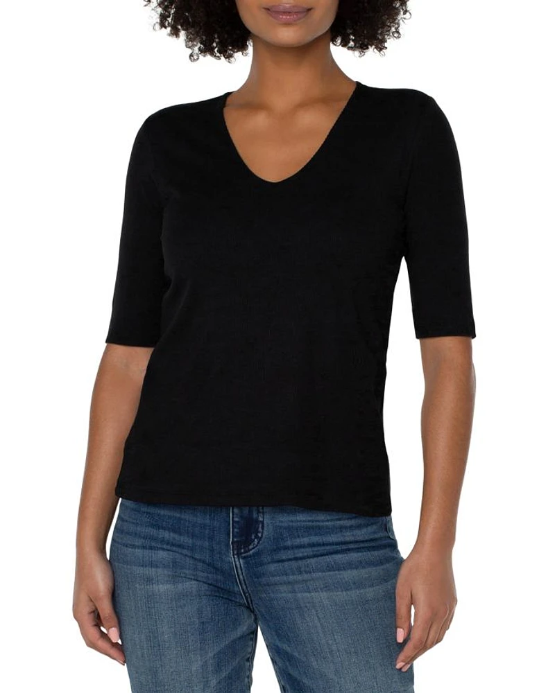 V Neck Rib Knit Elbow Sleeve Tee
