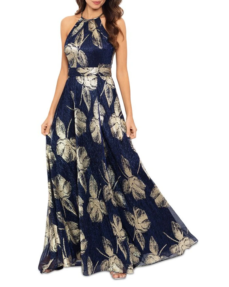 Floral Print Foil Halter Gown - Exclusive
