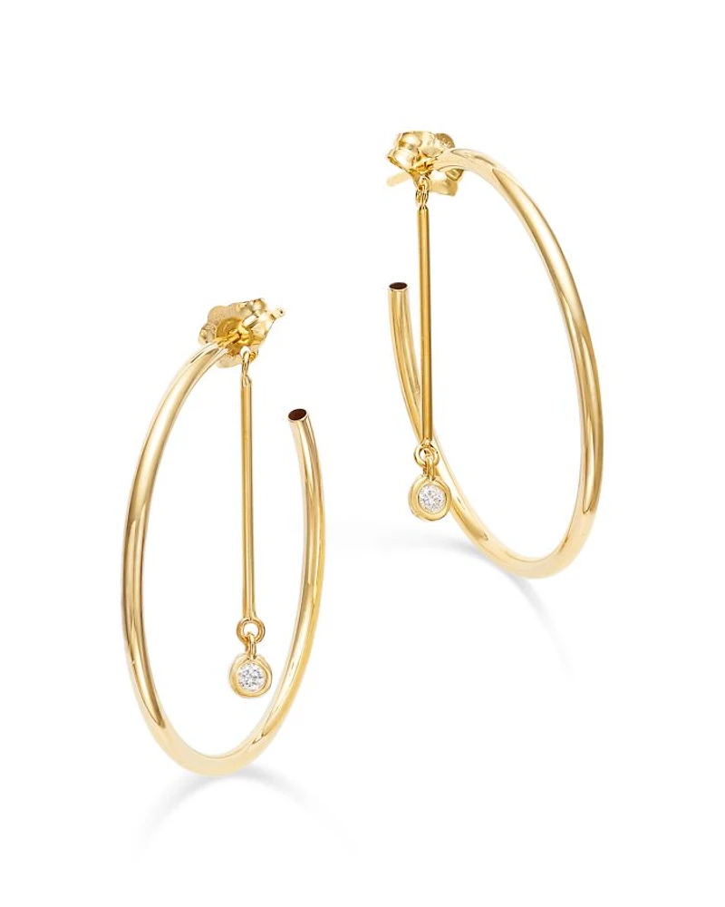 14K Yellow Gold Diamond Dangle Post Front to Back Hoop Earrings