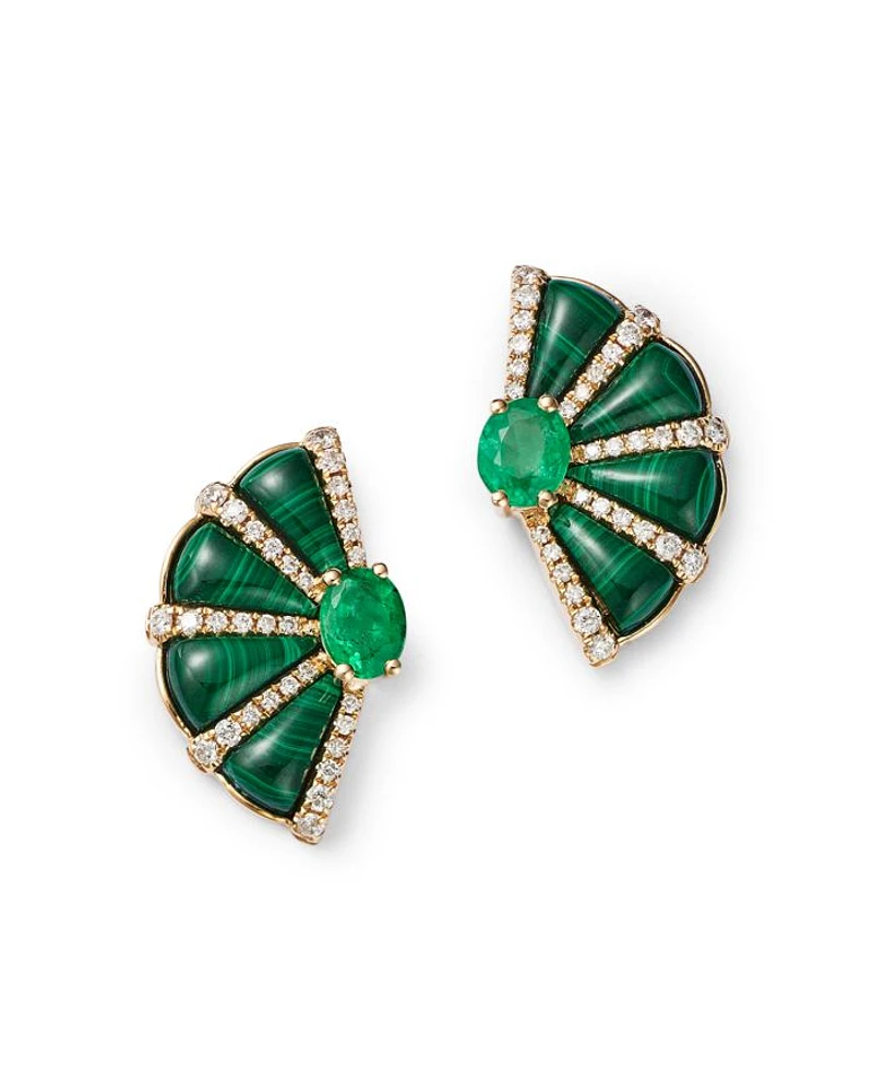 Malachite, Emerald, & Diamond Fan Stud Earrings in 14K Yellow Gold