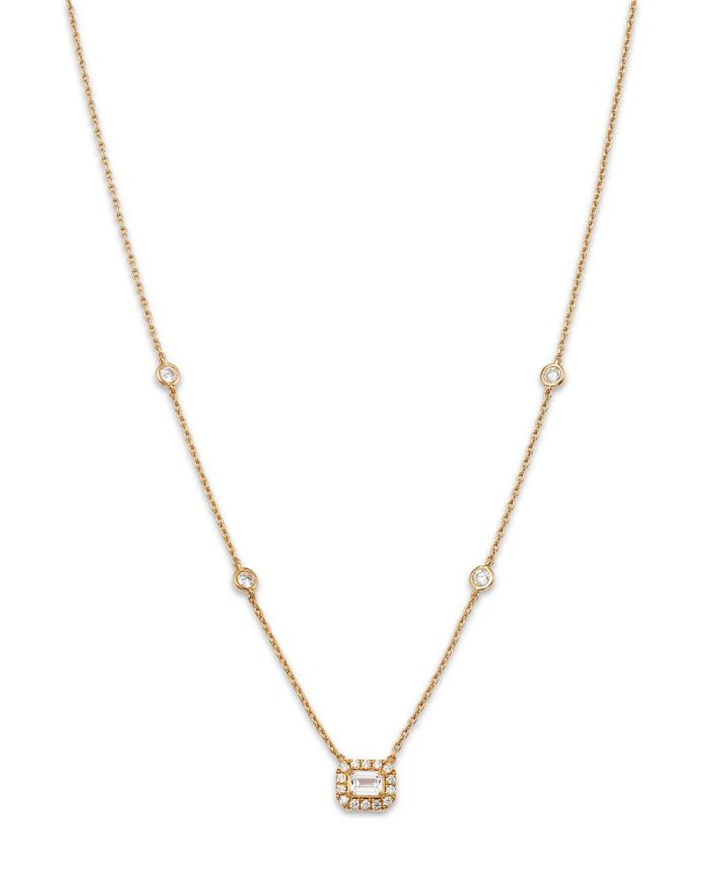 Diamond Emerald Cut Halo Pendant Necklace in 14K Yellow Gold, 0.60 tcw