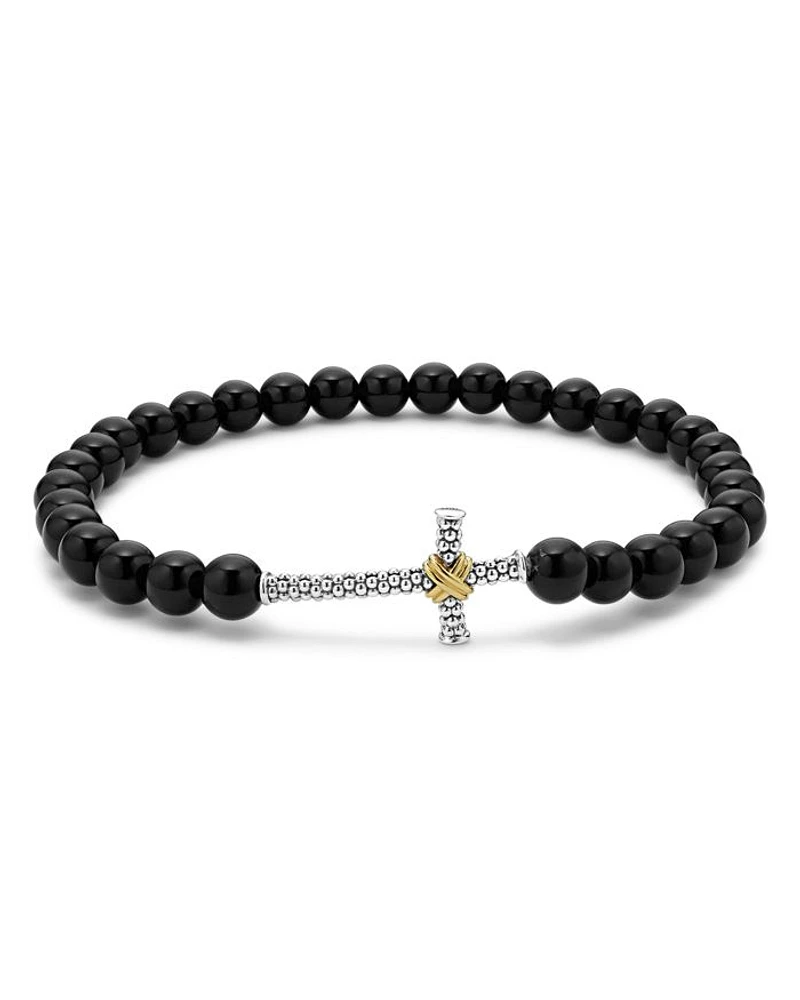 Men's 18K Yellow Gold & Sterling Silver Anthem Onyx Bead Cross Stretch Bracelet - Exclusive