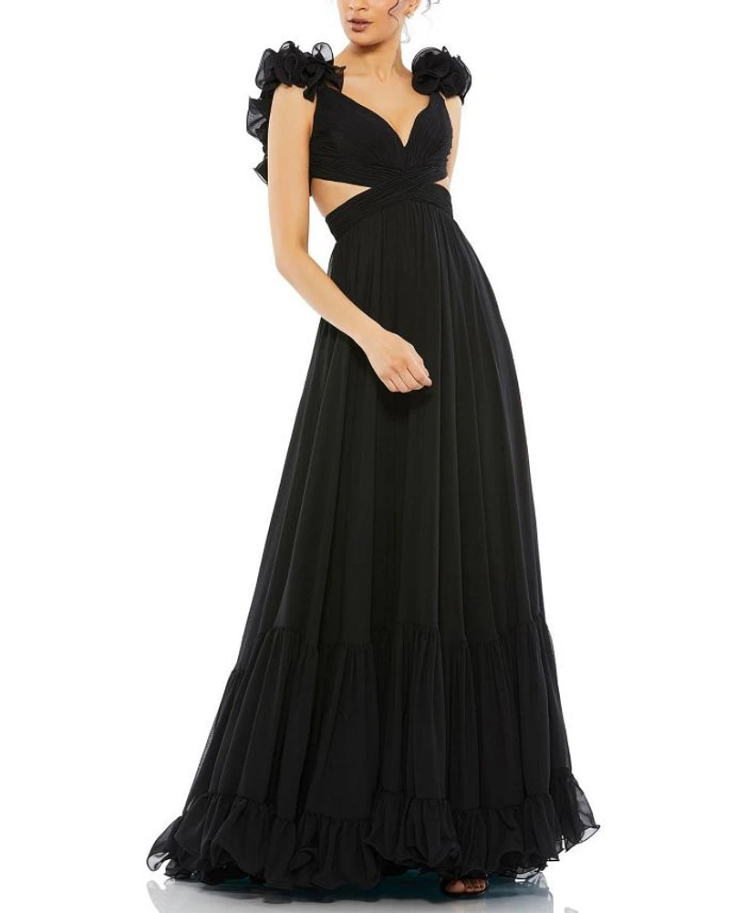 Ruffle Tiered Cut-Out Chiffon Gown