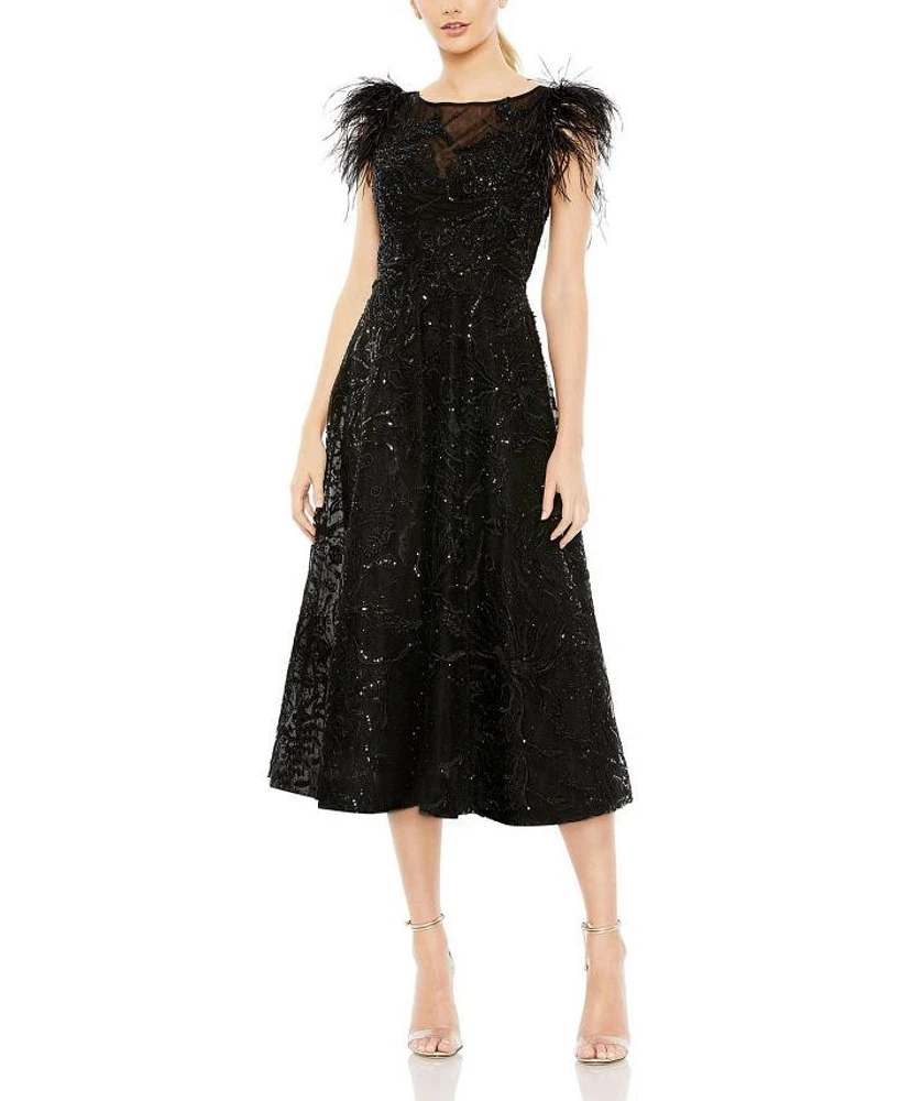 Feather Shoulder Embellished Dress