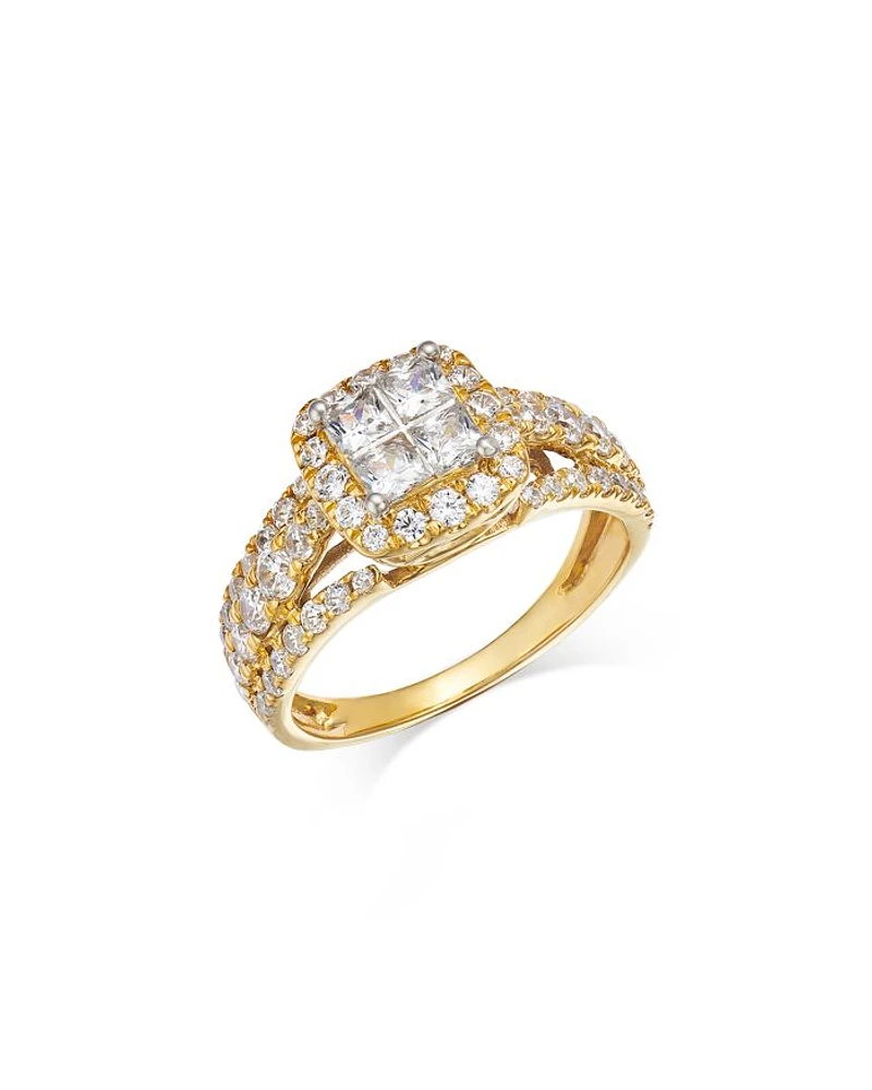 Diamond Princess & Round Halo Ring in 14K Yellow Gold, 1.50 tcw
