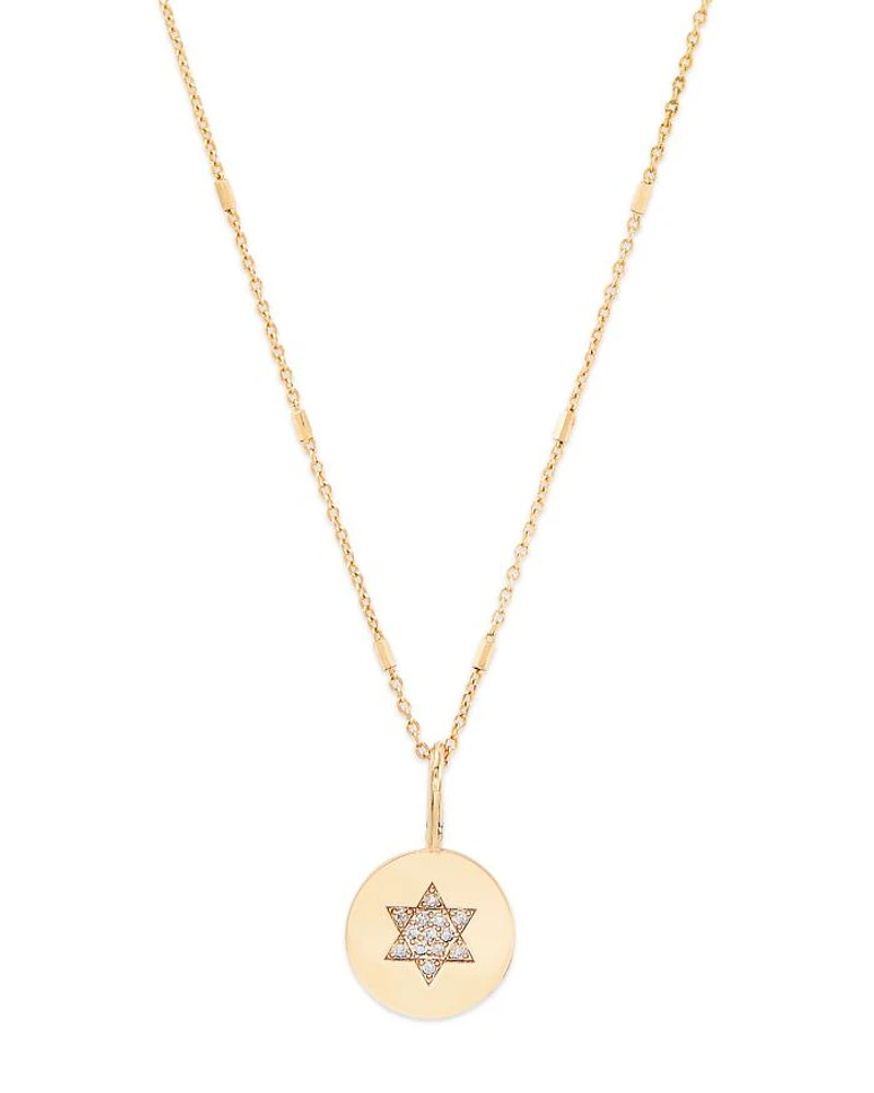 14K Yellow Gold Midi Bitty Symbols Diamond Star of David Disc Pendant Necklace, 18"