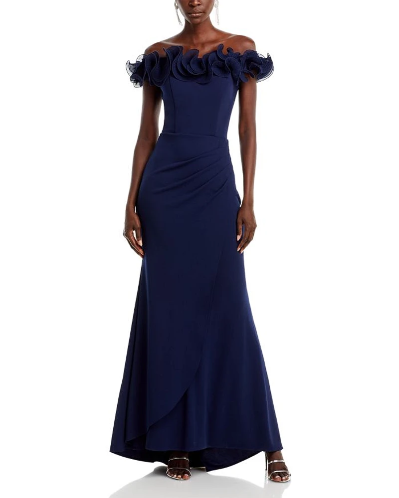 Ruffled Neck Evening Gown-Exclusive