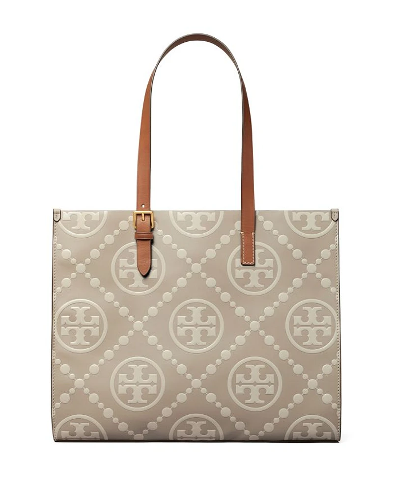 T Monogram Contrast Embossed Leather Tote