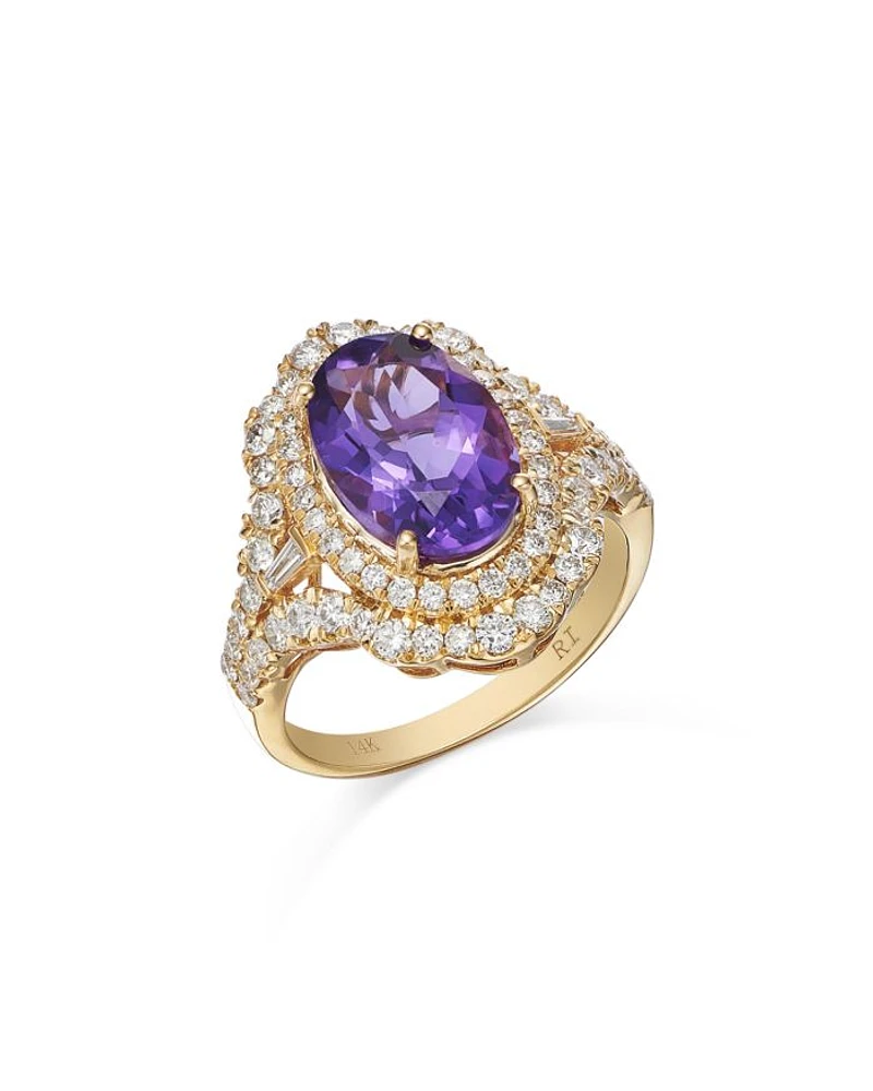 Semi Precious Gemstone & Diamond Oval Halo Ring in 14K Yellow Gold