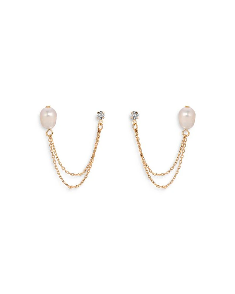 Double Post Cultured Freshwater Pearl and Crystal Draped Chain Earrings