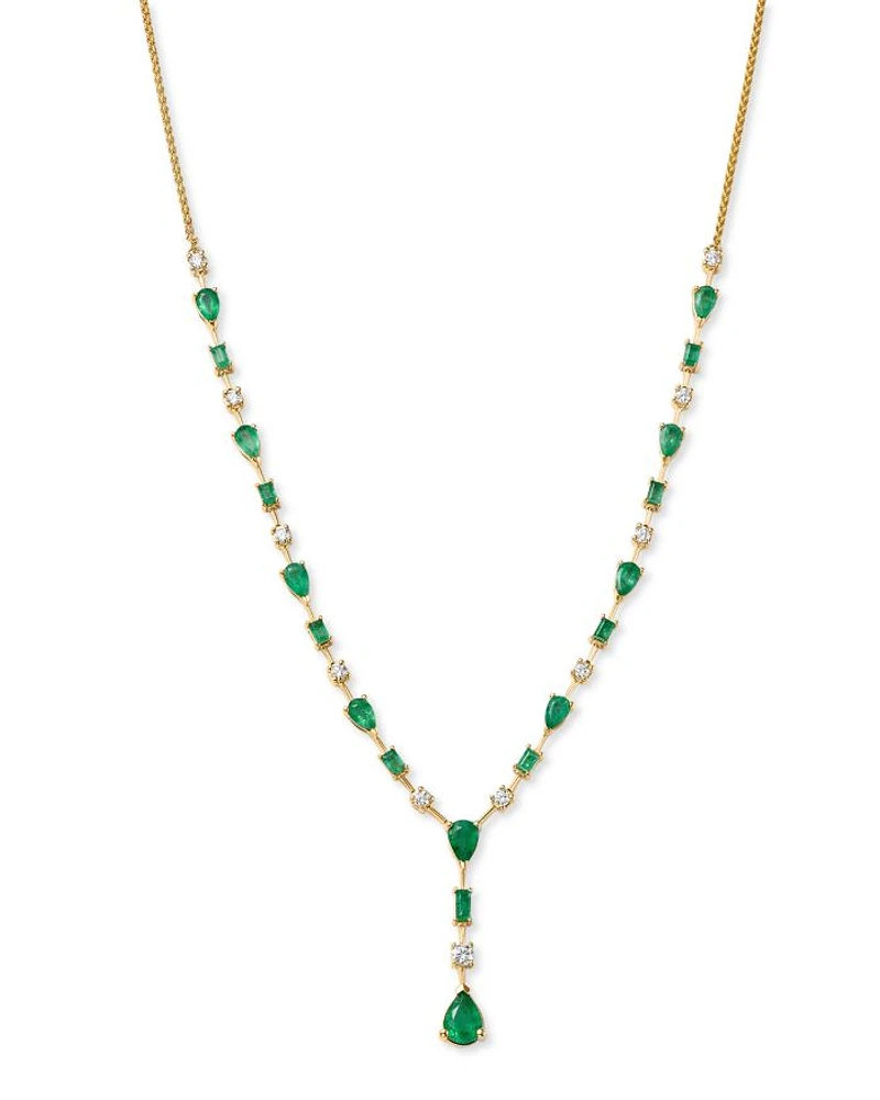Emerald & Diamond Y Necklace in 14K Yellow Gold, 18"