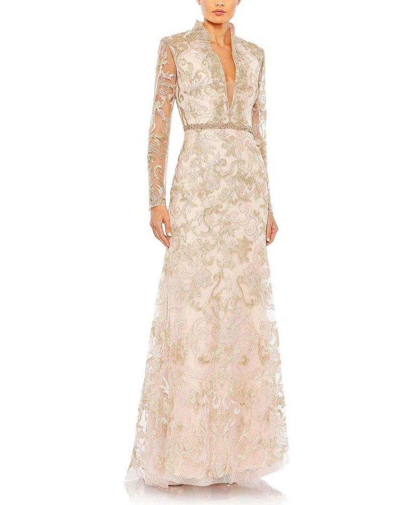 Long Sleeve Applique V-Neck Gown