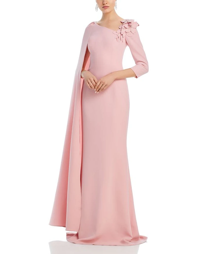 Floral Applique Asymmetric Cape Gown