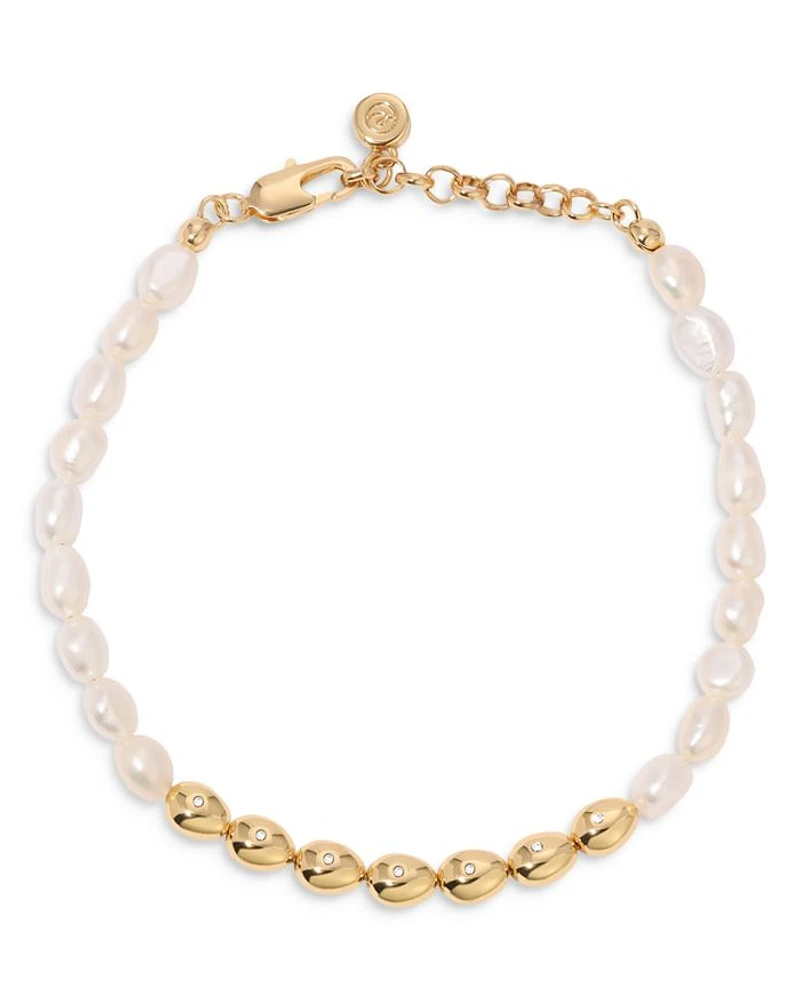 Pavé & Cultured Freshwater Pearl Polished Pebble Beaded Bracelet in 18K Gold Plated