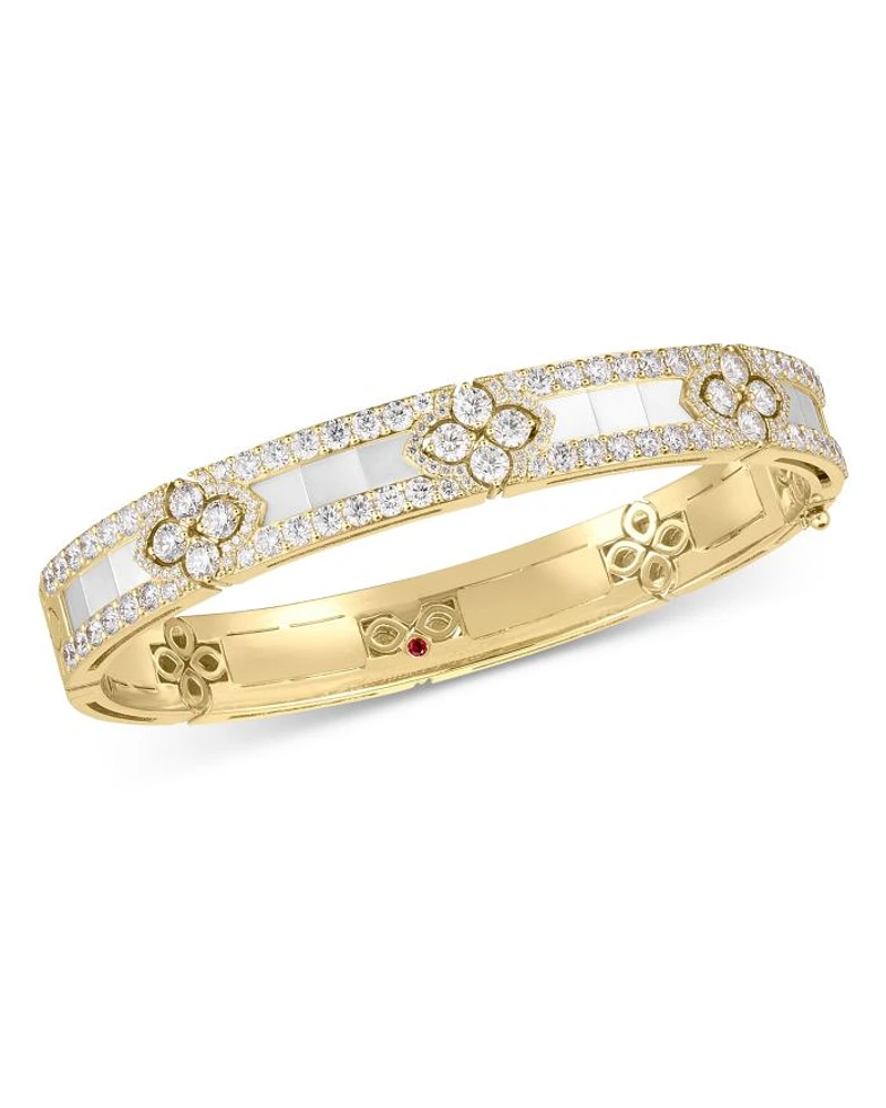 18K Yellow Gold Love in Verona Mother of Pearl & Diamond Flower Bangle Bracelet