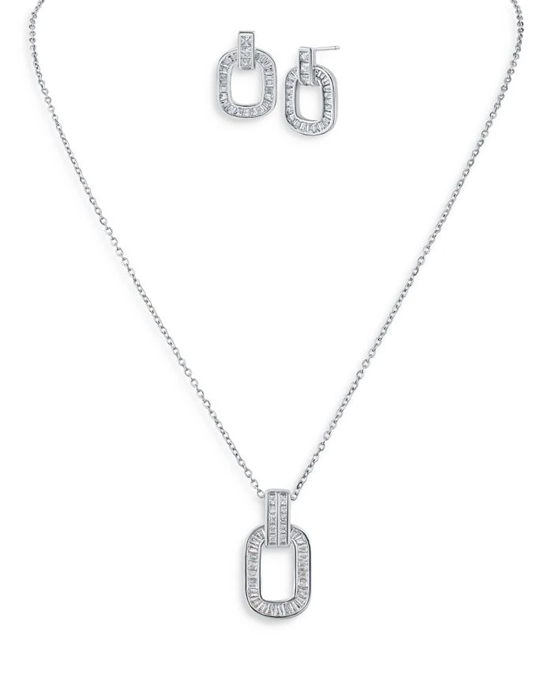 Baguette Cubic Zirconia Link Pendant Necklace & Stud Earrings Set in Rhodium Plated