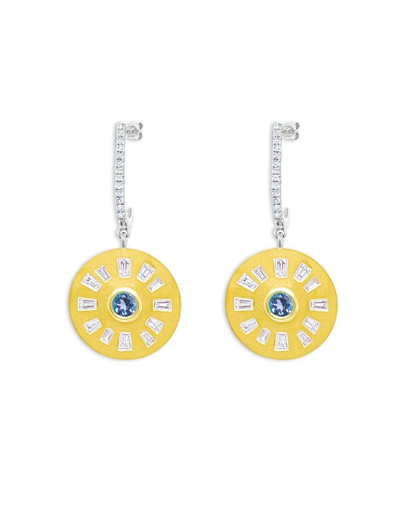 14K Yellow Gold Diamond & Blue Topaz Disc Drop Earrings