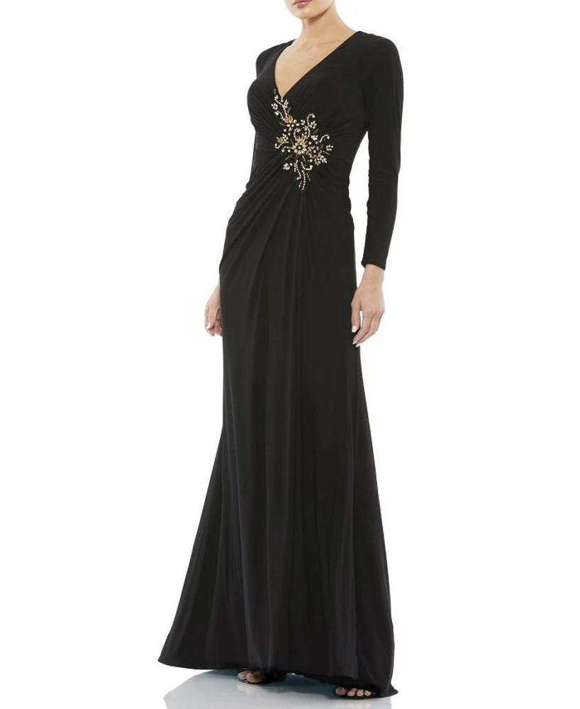 Faux Wrap Long Sleeve Gown w/ Applique Detail