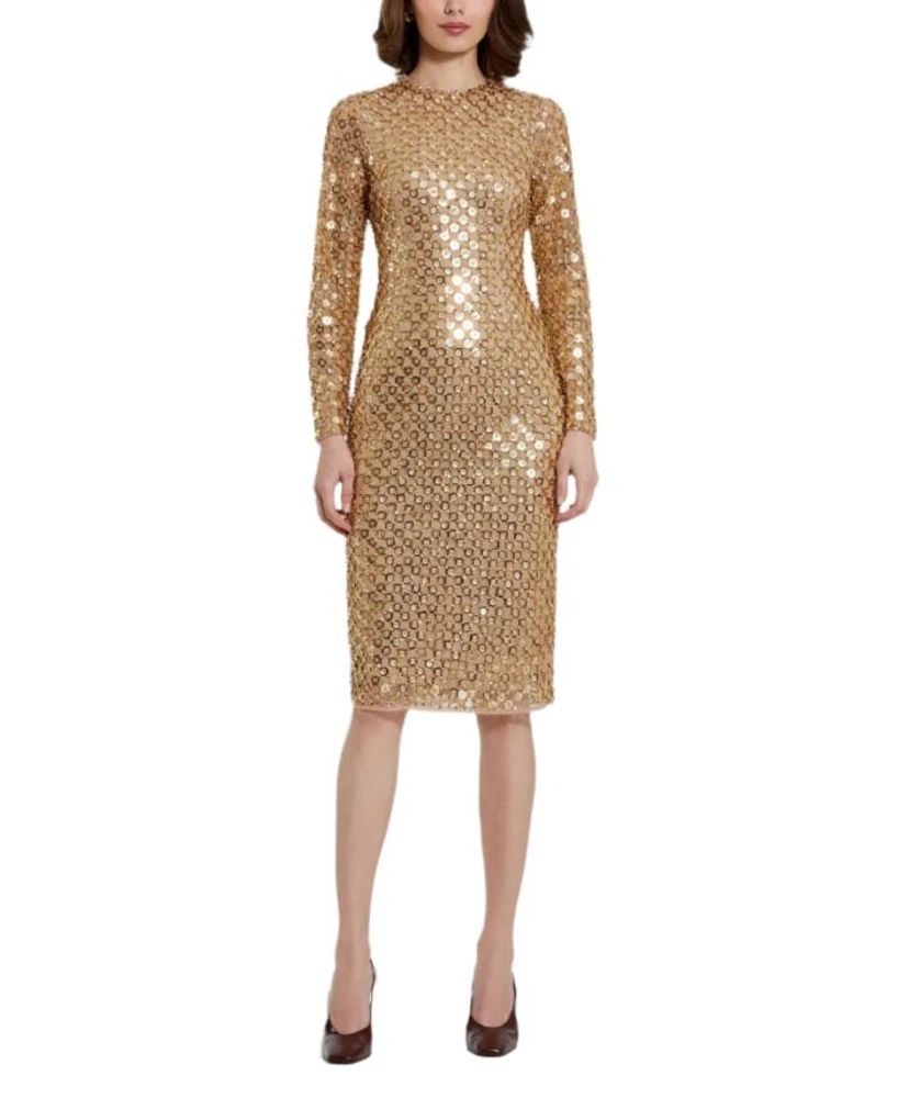 Beaded Georgette Long Sleeve Fitted Midi Dress