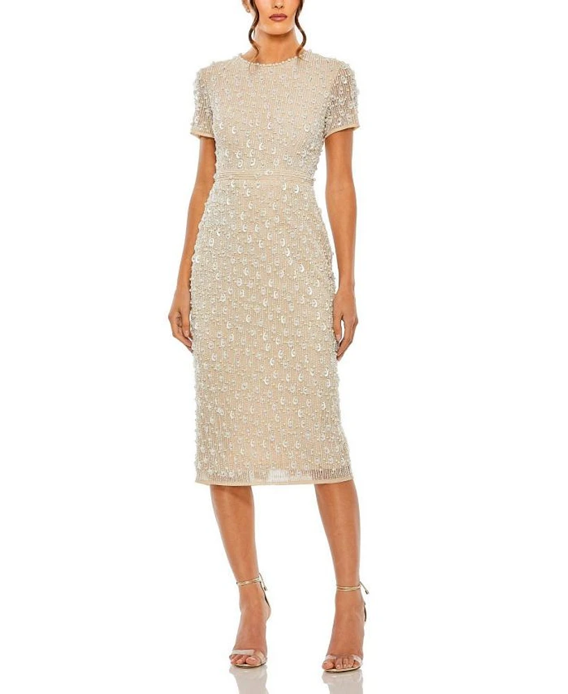High Neck Short Sleeve Embellished Dress