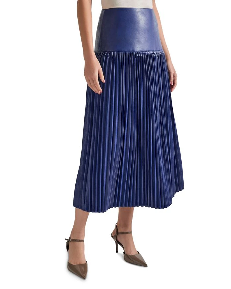 Faux Leather Drop Waist Pleated Midi Skirt