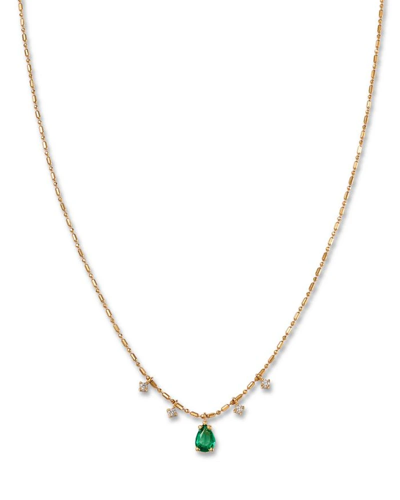 14K Yellow Gold Dangling Emerald & Diamond Necklace, 16"