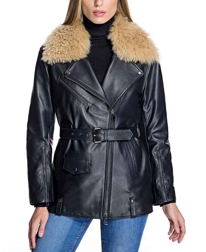 Leather Moto Jacket with Detachable Shearling Collar