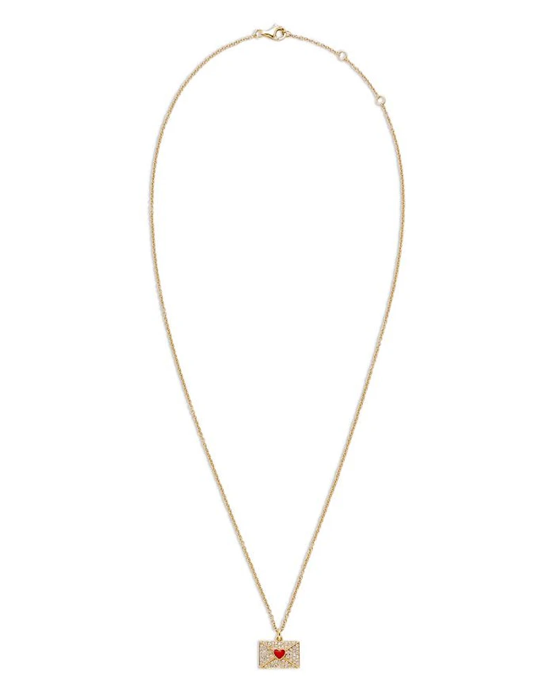 18K Yellow Gold Necklace Ma Declaration Gray Diamond & Red Heart Envelope Pendant Necklace, 16.53"