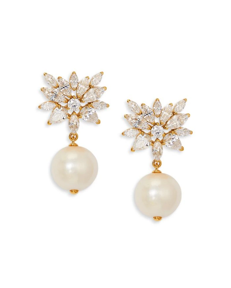 Sav Cubic Zirconia Cluster & Cultured Freshwater Pearl Drop Earrings in 18K Gold Plated