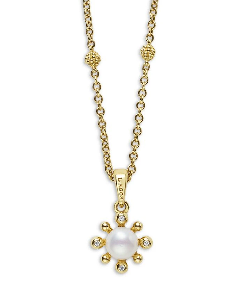 18K Yellow Gold Luna Cultured Pearl & Diamond Fleur Pendant Necklace