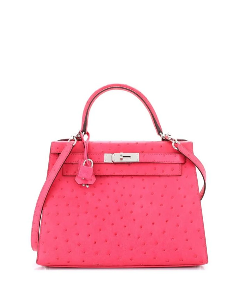 Pre-Owned HERMES Pre-Owned Hermes Kelly 28 Handbag Pink Ostrich with Palladium Hardware