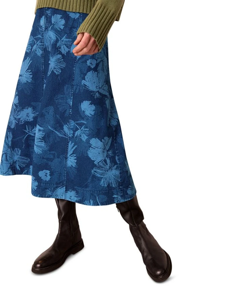 Chalk Print Denim Midi Skirt