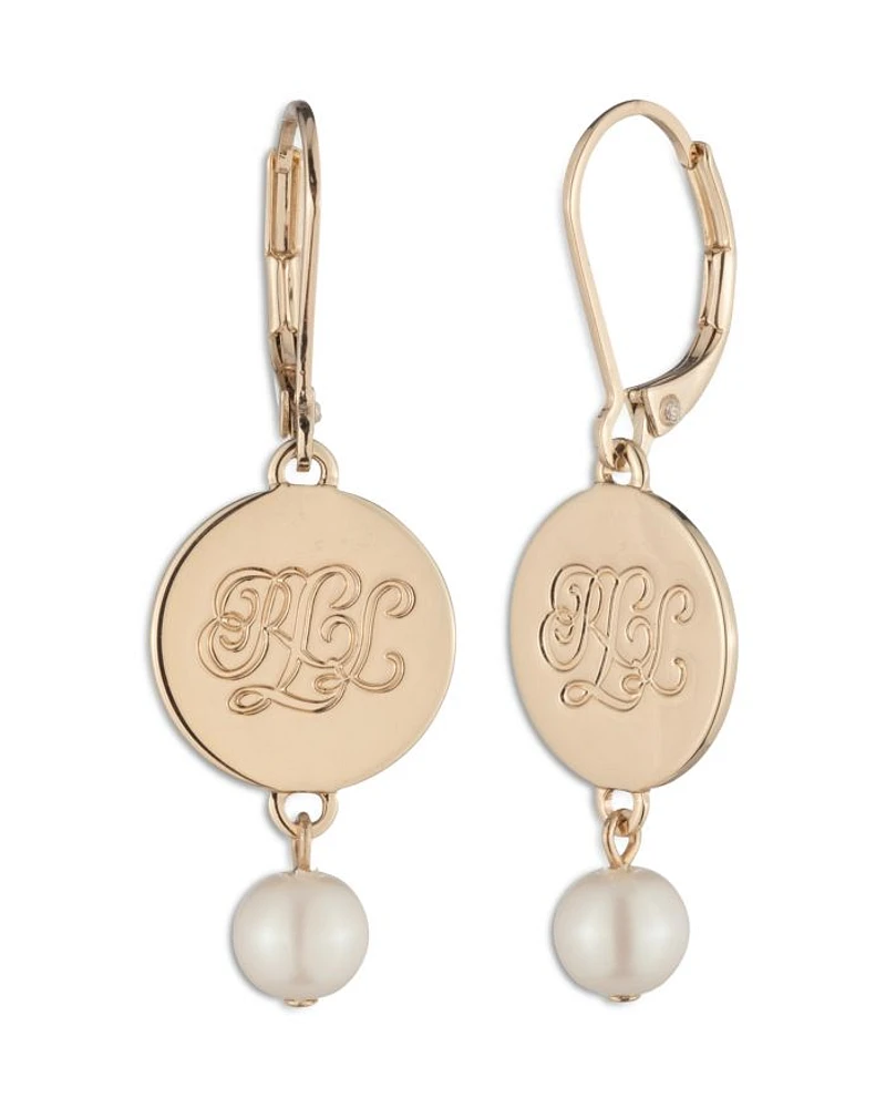 Logo & Faux Pearl Drop Earrings, 1.6"L