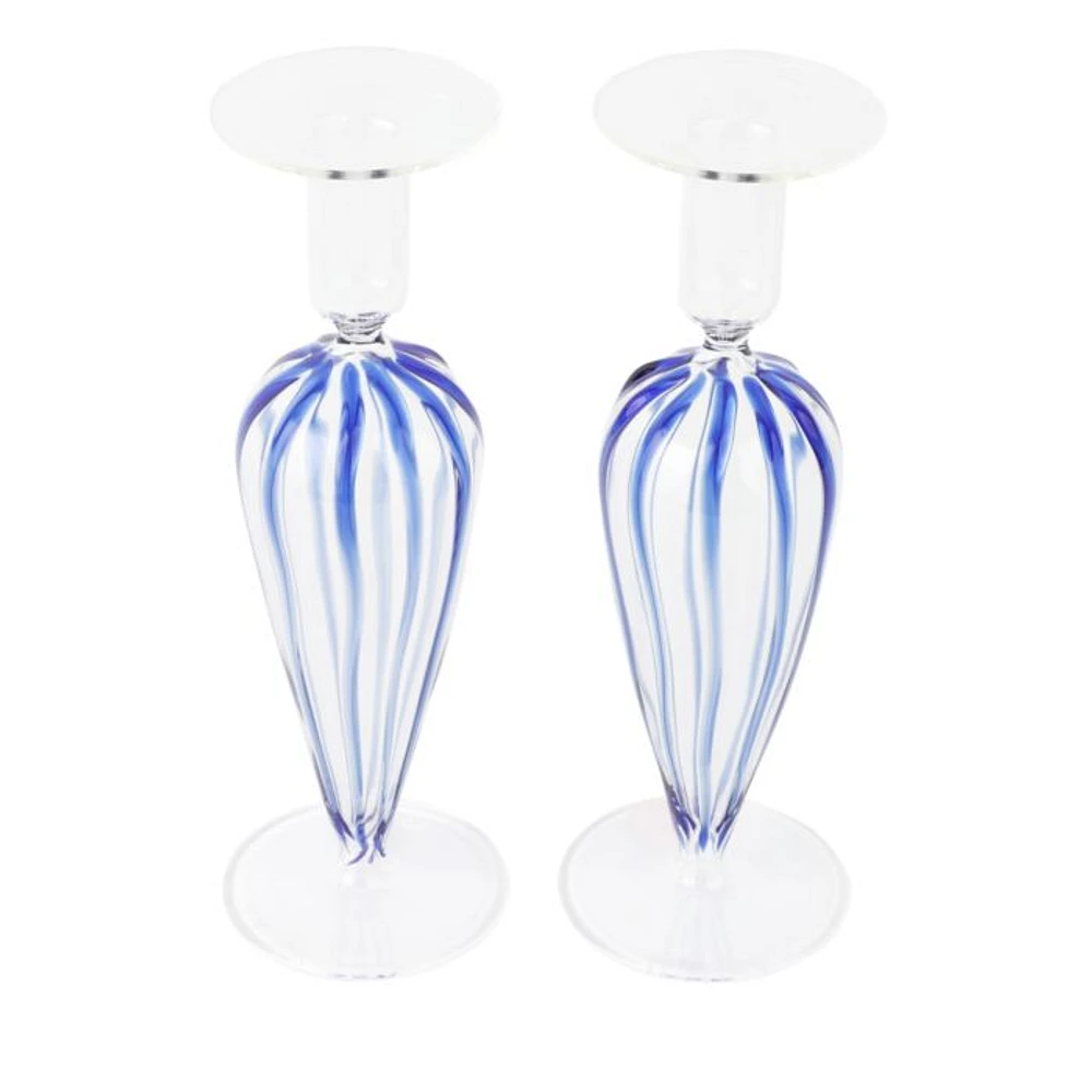 Nuovo Stripe Blue Candlesticks, Set of 2