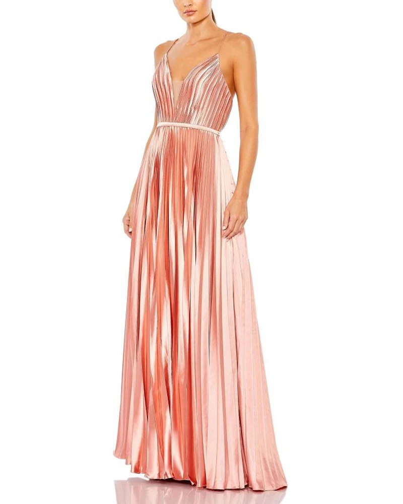 Plunge Neck Pleated Evening Gown