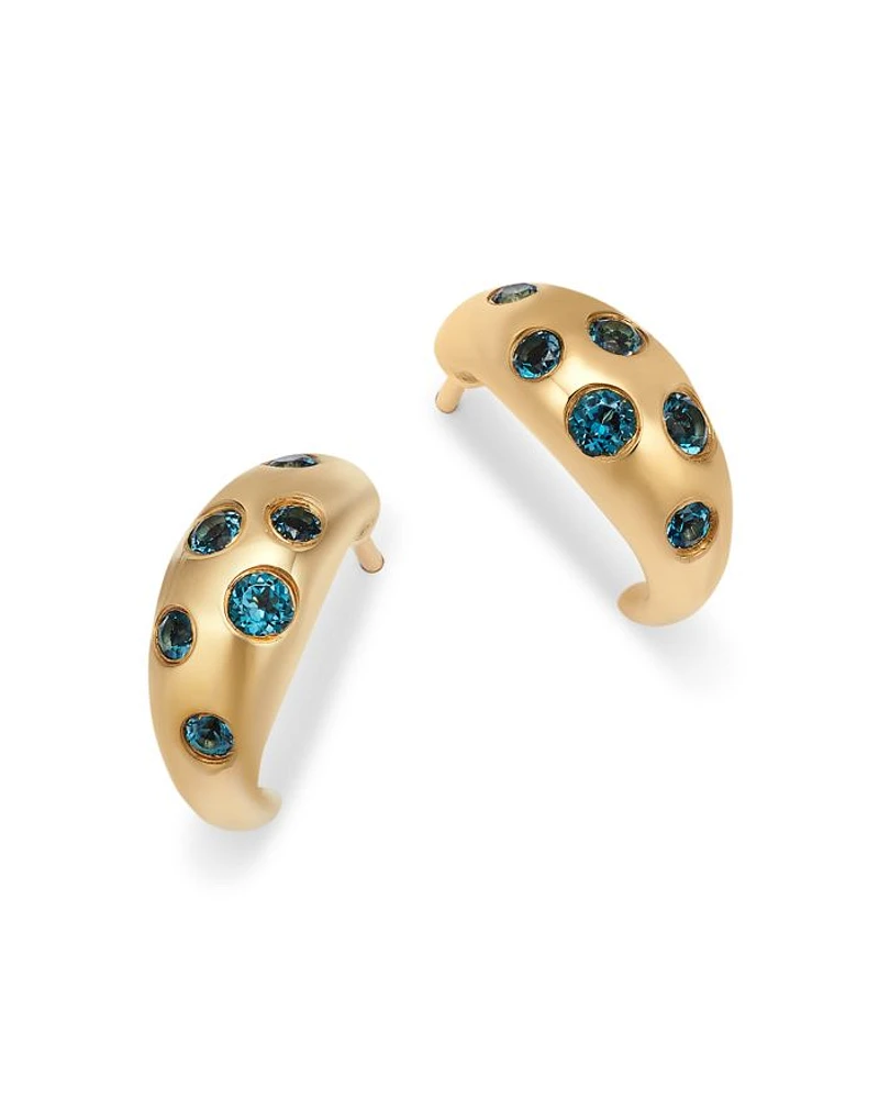 14K Yellow Gold London Blue Topaz Dome Hoop Earrings