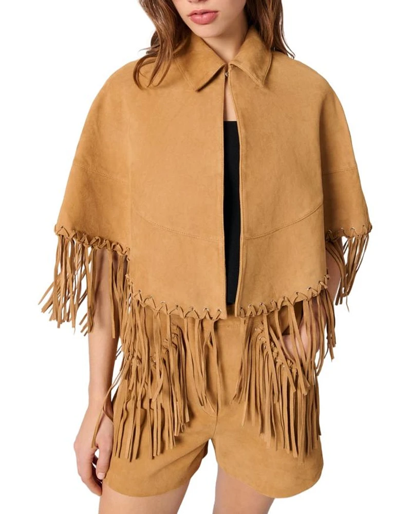 Fringe Trim Leather Coat