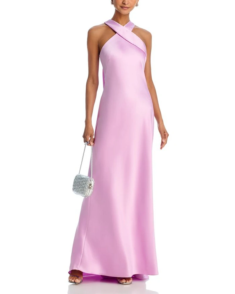 Long Satin Tie Neck Gown - Exclusive