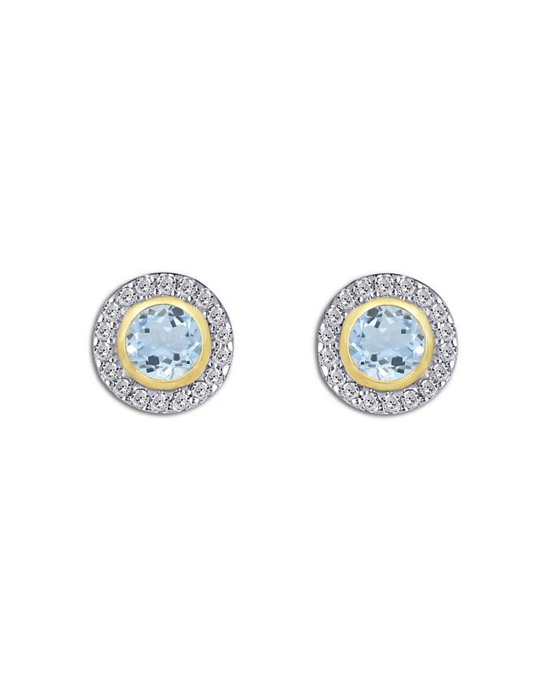 14K Yellow Gold Aquamarine & Diamond Halo Stud Earrings