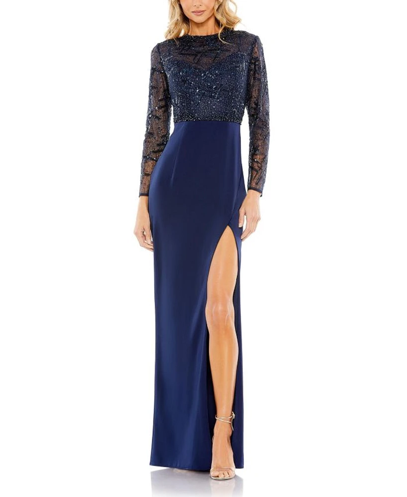 Embellished High Neck Bodice Faux Wrap Gown