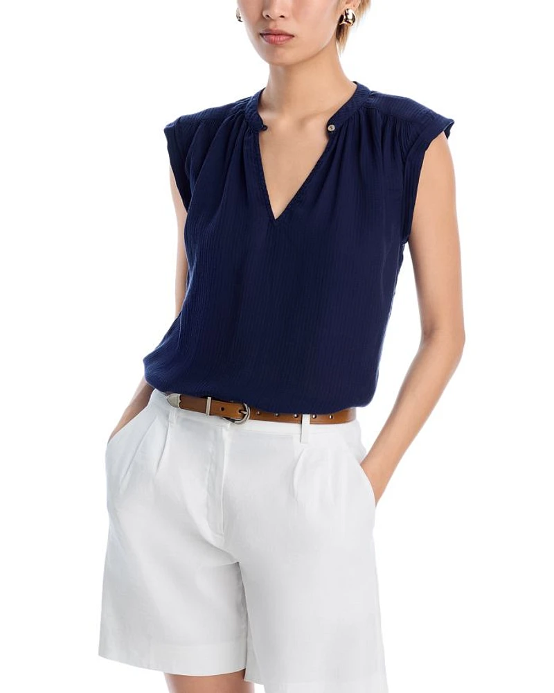 Shirred Cap Sleeve V Neck Top