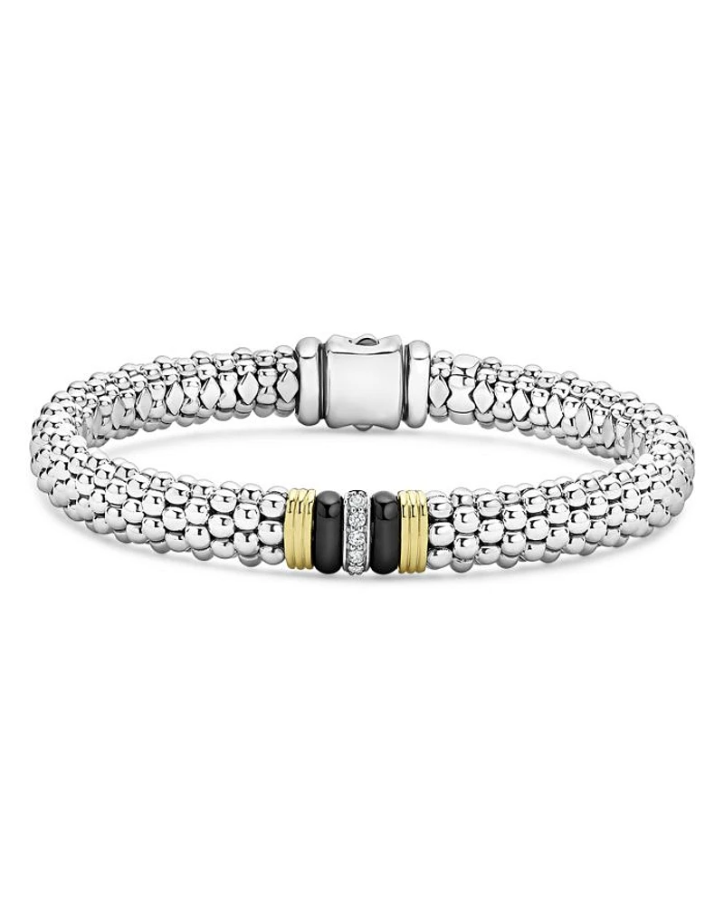 18K Yellow Gold & Sterling Silver Black Caviar Ceramic & Diamond Bead Link Bracelet