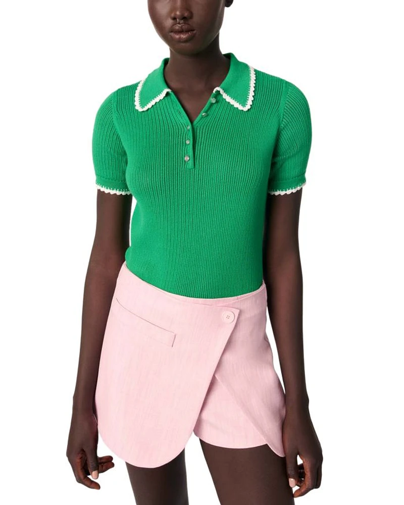 Pointelle Knit Crochet Polo Shirt